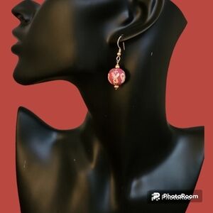 Handpainted Glass Bead Breast Cancer Awareness Dangle Hook Earrings